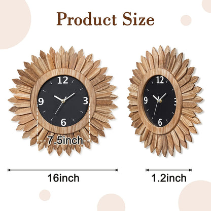 Honiway 16 Inch Wall Clocks, Rustic Wood Boho Sunburst Decorative Wall Clock Battery Operated