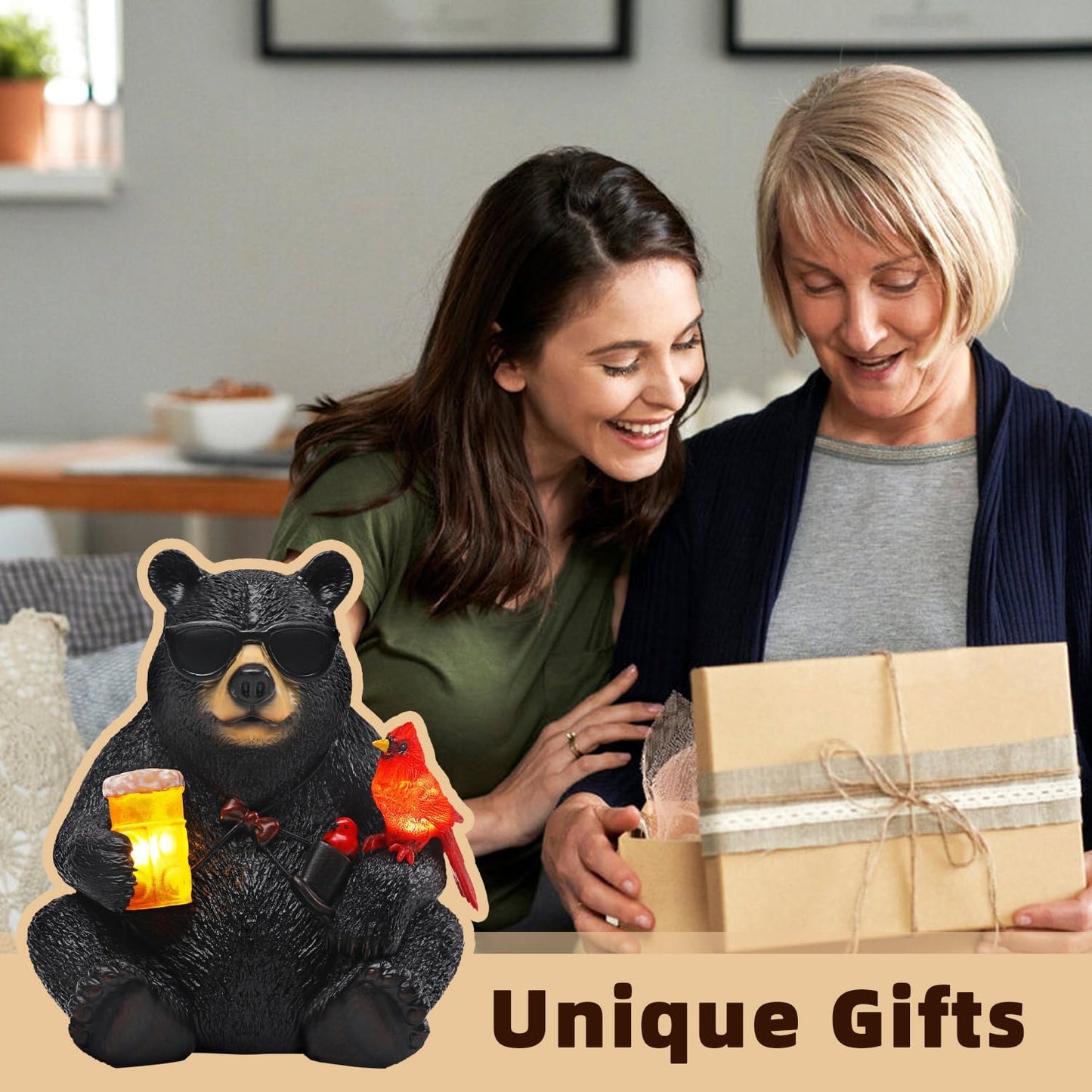 Solar Black Bear Statue for Garden with Beer and Cardinals 6.3" Resin Garden Statues for Outside
