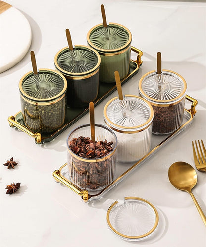 Acrylic Condiment Spice Jars,Condiment Spice Box With Lids and Spoons and Tray,Clear Plastic