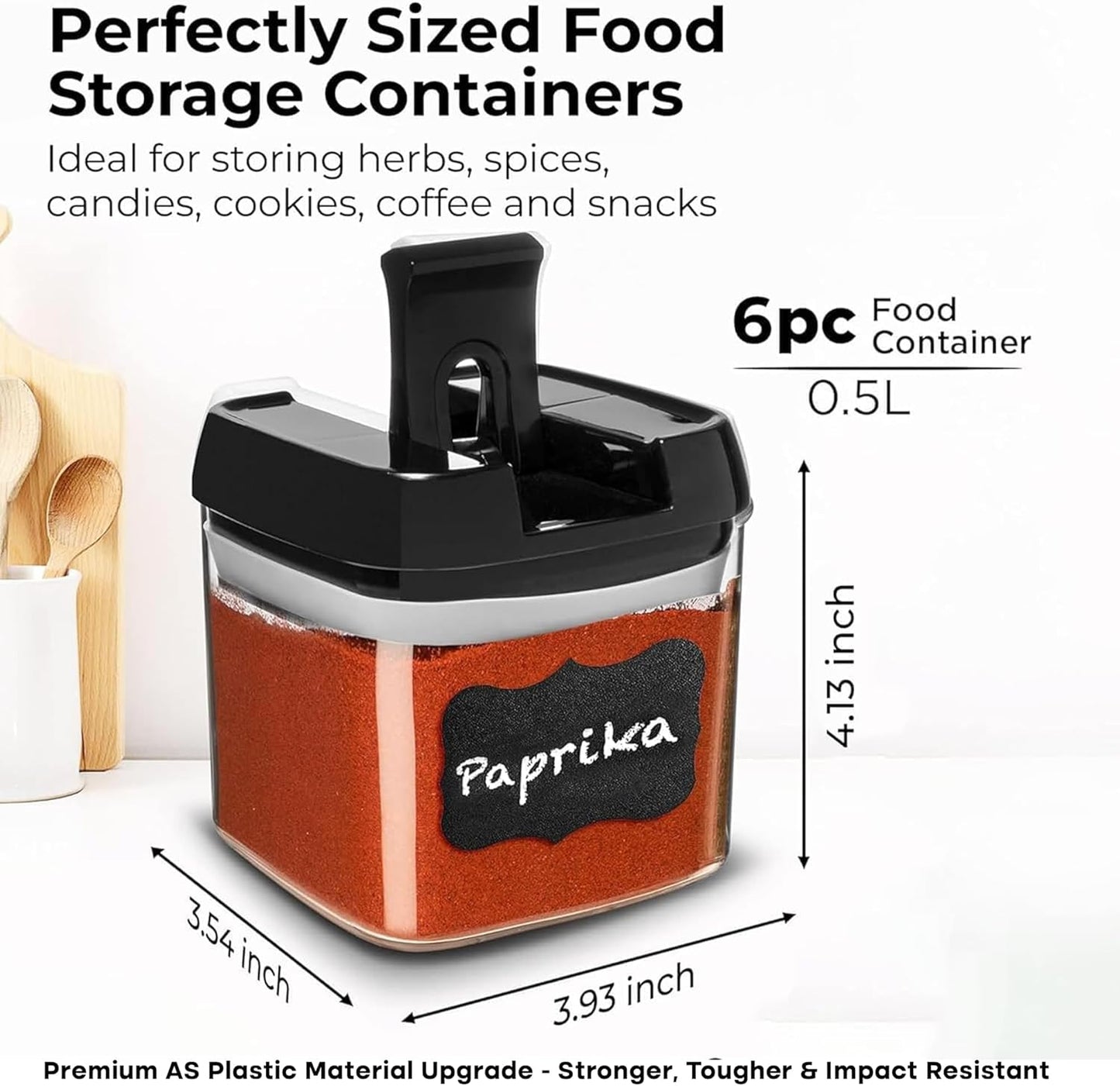 Shazo 6 PC Airtight Food Storage Containers - BPA Free Clear Plastic Snack & Spice Containers with