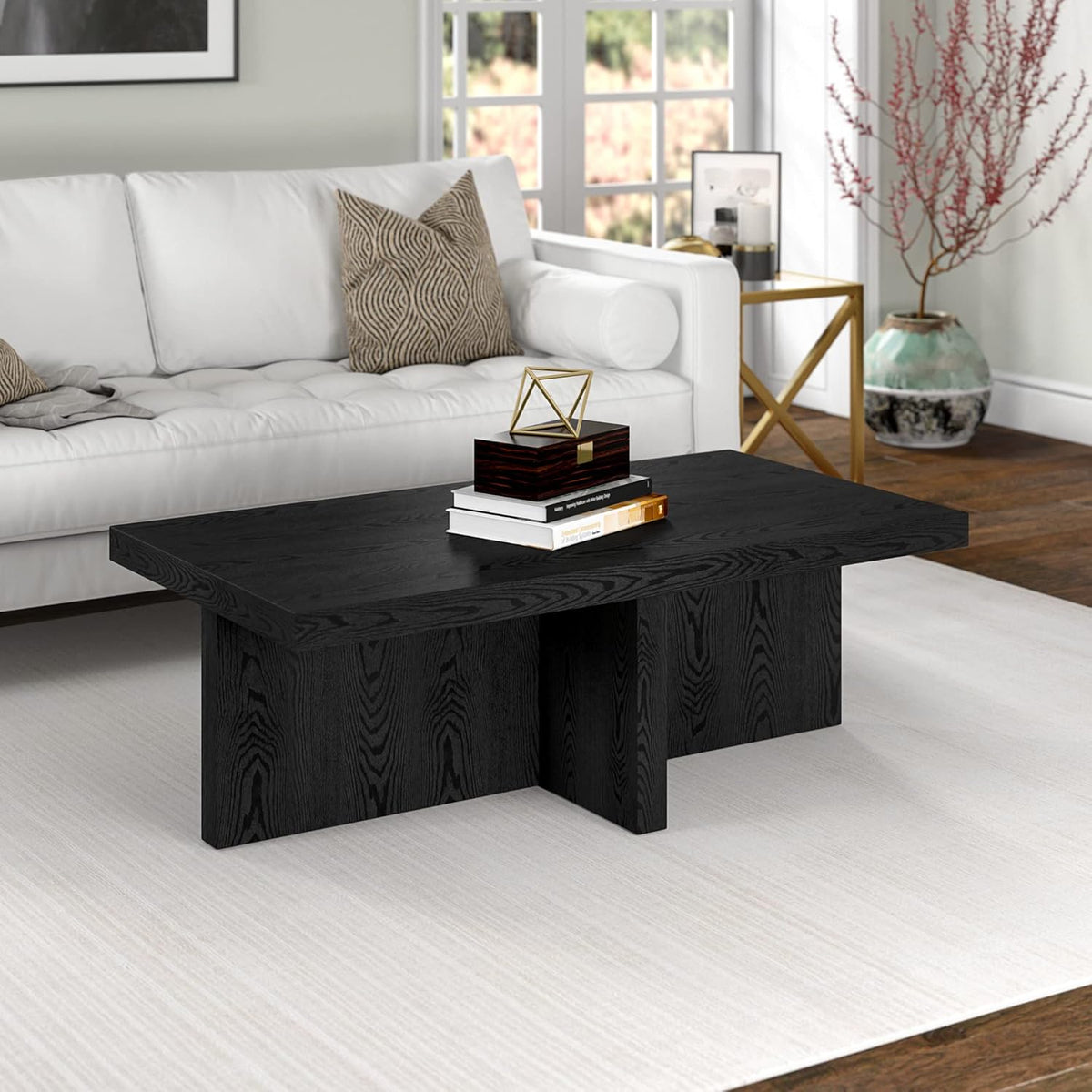 Henn&Hart 44" Rectangular Wood Pedestal Low-Profile Coffee Table for Living Room, Family Room, or