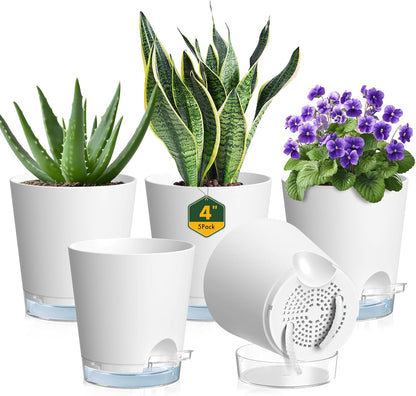 4 inch Self Watering Pots for Indoor Plants, 5 Pack Small Flower Plant Pots with Drainage Holes and