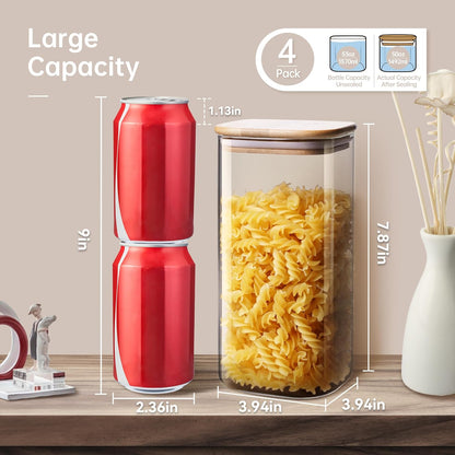 Square Glass Jars with Bamboo Lids 53 FL OZ [Set of 4], Glass Canisters with Airtight Lid, Glass