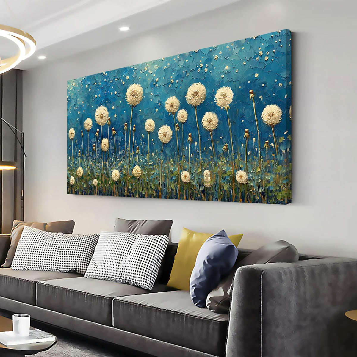 LASMOND Teal Dandelion Wall Art for Living Room Abstract Blowball Canvas Painting Prints Large