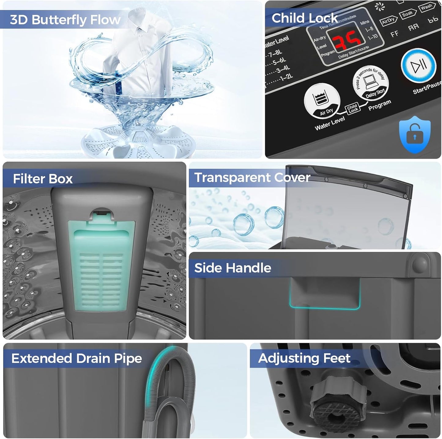 Nictemaw Portable Washing Machine, 20Lbs Capacity Full-Automatic Portable Washer Machine, 2.8Cu.ft