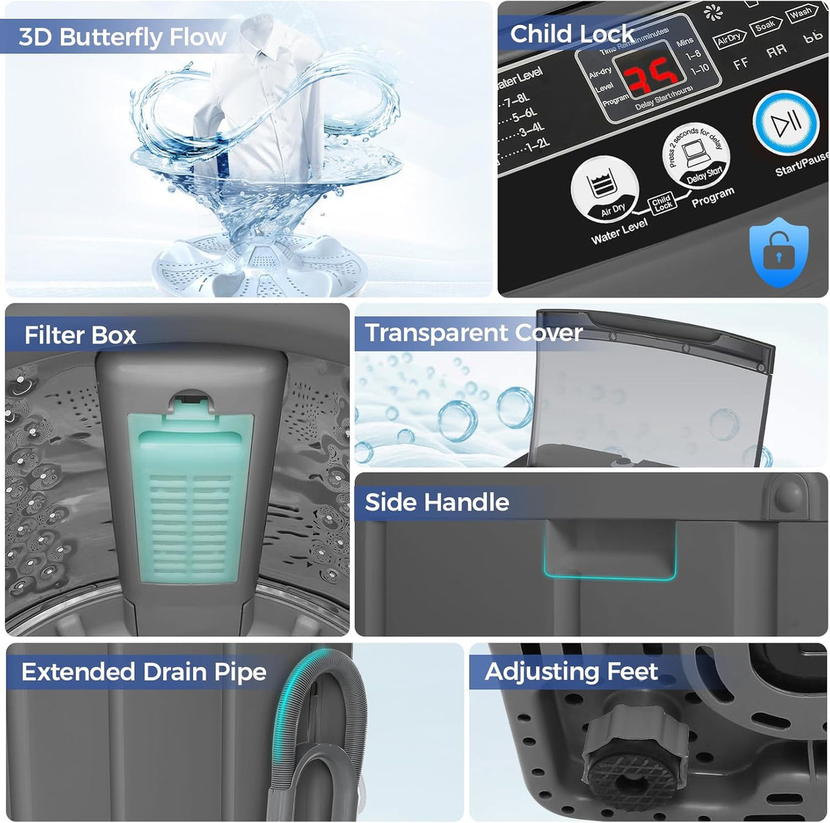 Nictemaw Portable Washing Machine, 20Lbs Capacity Full-Automatic Portable Washer Machine, 2.8Cu.ft