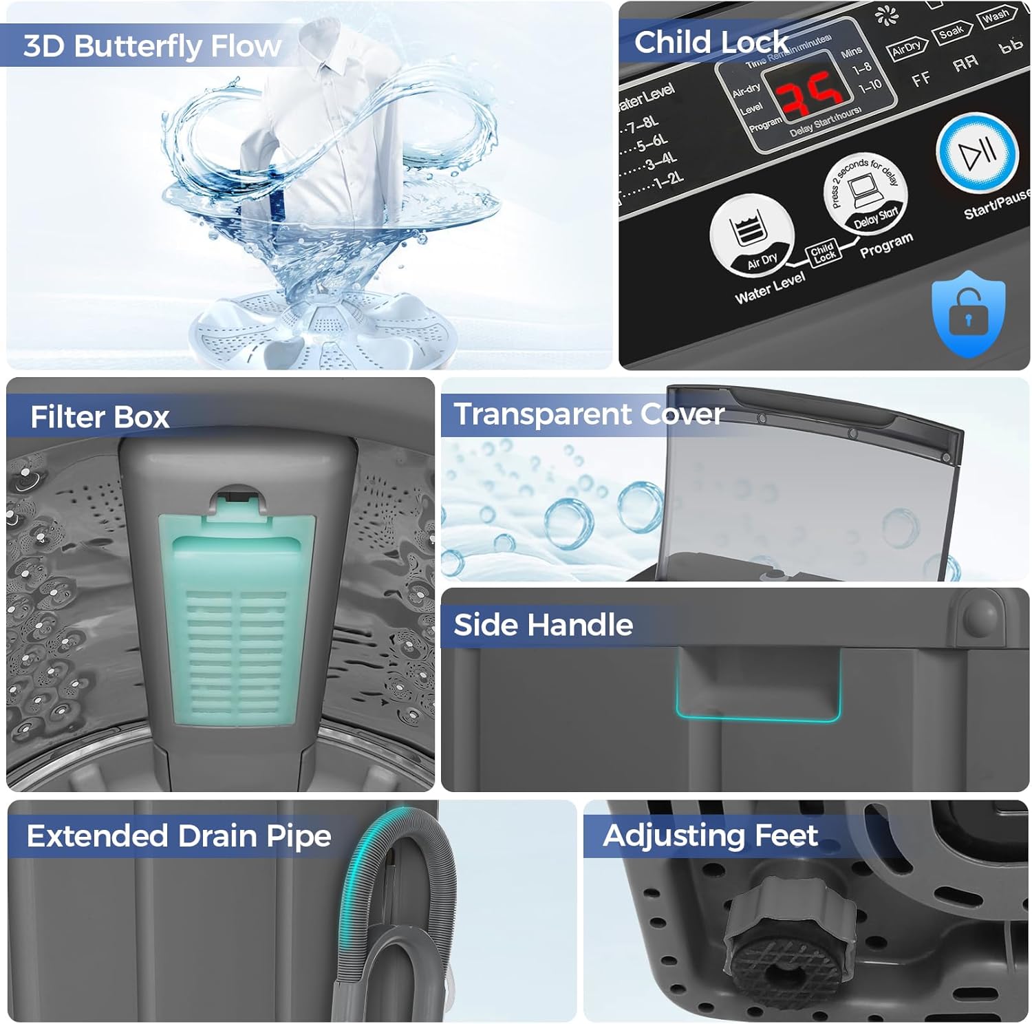 Nictemaw Portable Washing Machine 20Lbs Portable Washer with Drain Pump, 2.8 Cu.ft Compact Washer