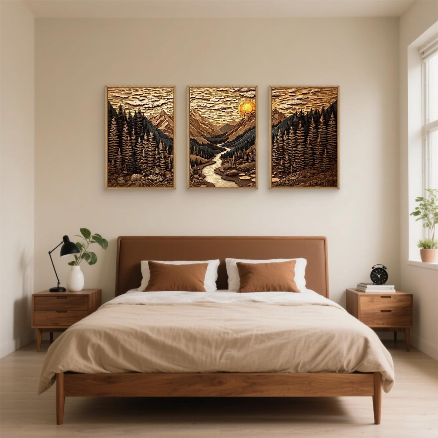 HPINUB Abstract Landscape Mountain Canvas Wall Art Set, Vibrant Sun Forest Pine Tree Wall Decor