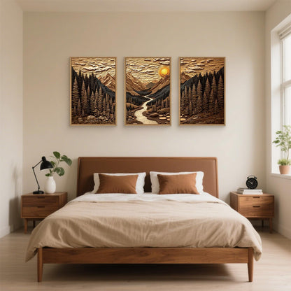 HPINUB Abstract Landscape Mountain Canvas Wall Art Set, Vibrant Sun Forest Pine Tree Wall Decor
