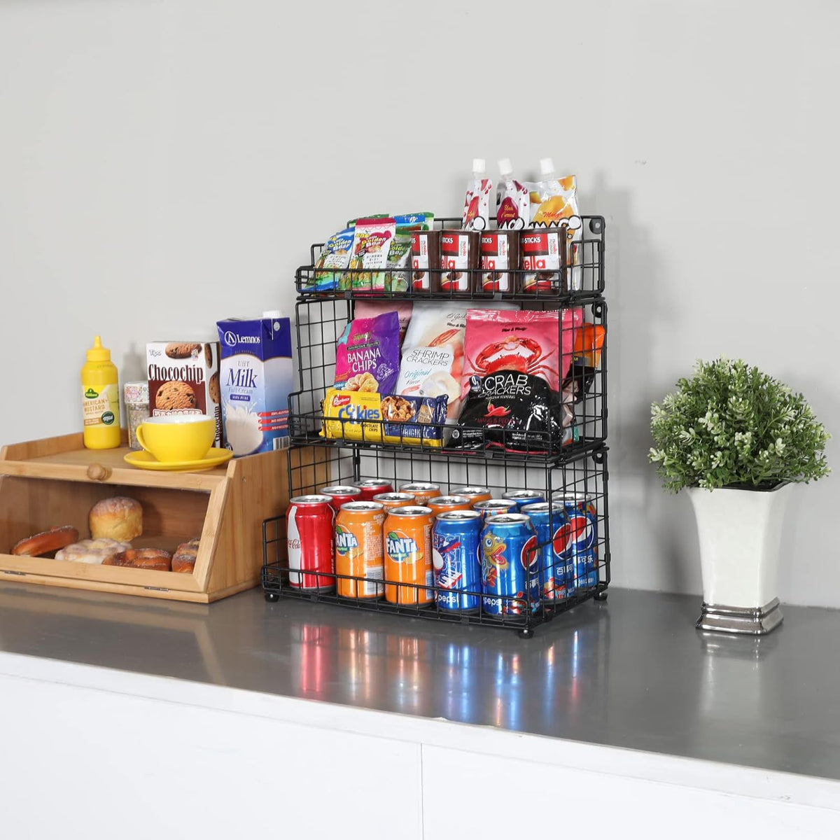 X-cosrack Stackable Wire Basket 3 Tier Countertop& Wall Mounted Metal Storage Basket for Kitchen