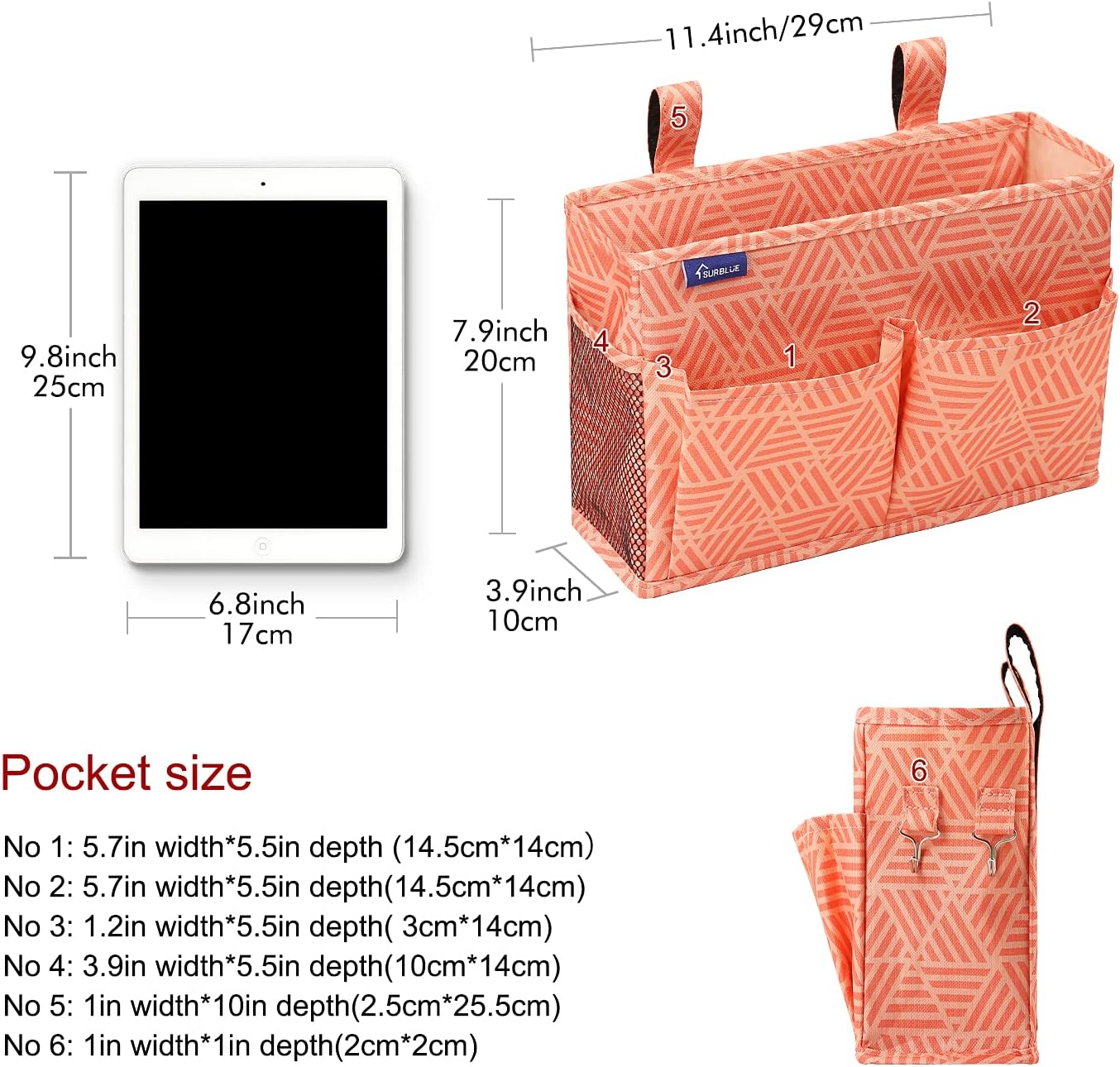 Surblue Bedside Caddy Hanging Bed Organizer Storage Bag Pocket for Bunk and Hospital Beds, College