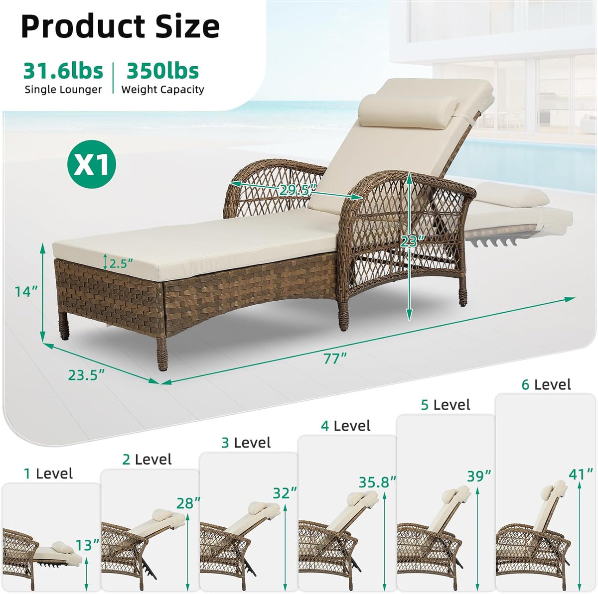 VIVIJASON Outdoor Wicker Chaise Lounge Chair, All-Weather PE Rattan Cushioned Patio Lounger Chair