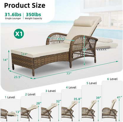 VIVIJASON Outdoor Wicker Chaise Lounge Chair, All-Weather PE Rattan Cushioned Patio Lounger Chair