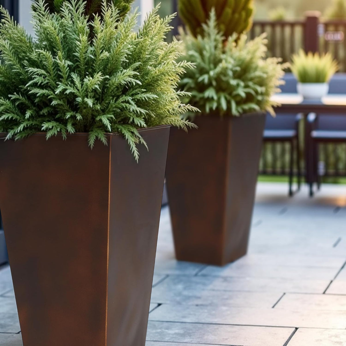 WORTH Garden Large Metal Planter Set of 2 (25" & 28" H.), Matte Bronze Retro Finish Tall Square