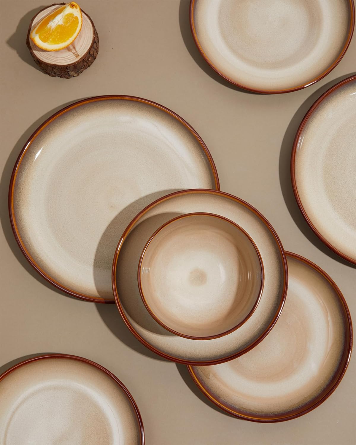 Stoneware Dinnerware Set Service for 4, 12 pcs Reactive Glaze Plates and Bowls Sets, Handmade Round