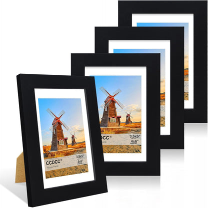 4x6 Picture Frame Set of 4, 4 x 6 Wood Photo Frames with Mat for 3.5x5, Wooden Frame with Real