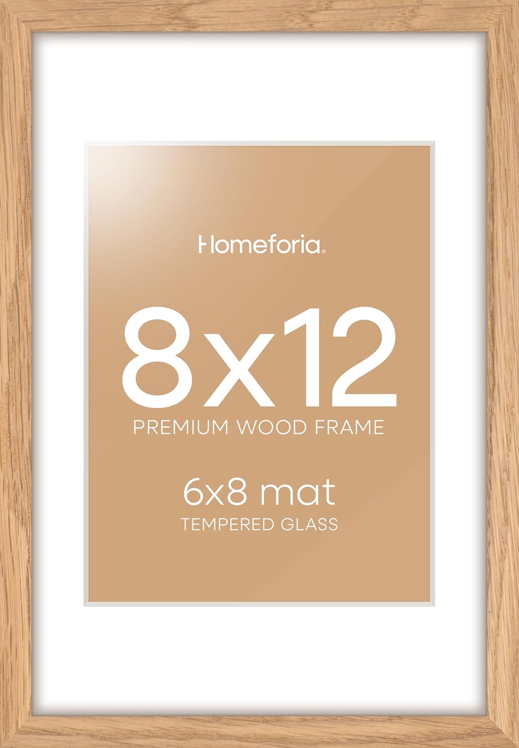 Homeforia 8x12 Picture Frame Wood, High End Natural Oak 8 x 12 Light Wooden Frames with Mat 6 by 8