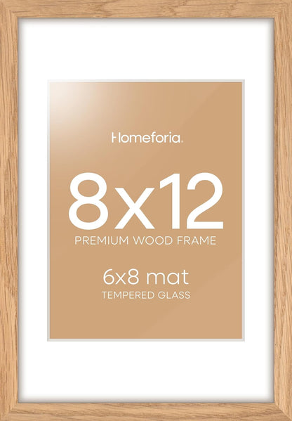 Homeforia 8x12 Picture Frame Wood, High End Natural Oak 8 x 12 Light Wooden Frames with Mat 6 by 8