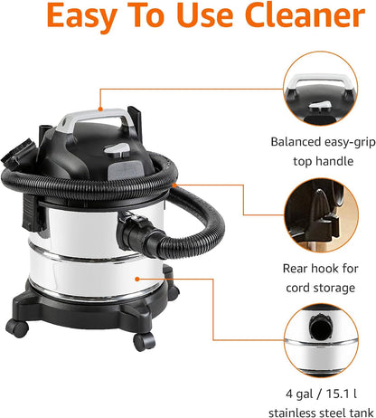 Amazon Basics Wet Dry Vacuum Cleaner, 4 gallon Shop, 3 HP Stainless Steel, Grey/Black