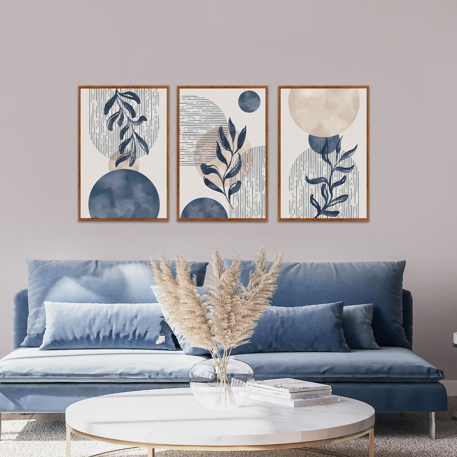 KAIRNE Boho Plant Wall Art Set of 3,Blue Bohemain Framed Canvas,Abstract Geometric Line Wall