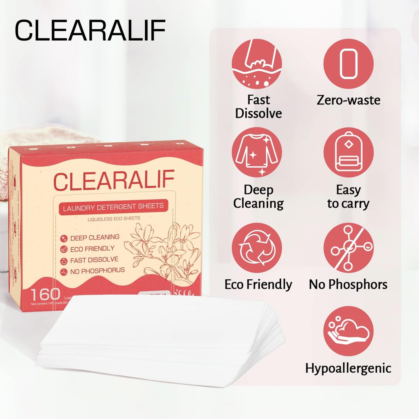 Laundry Detergent Sheets Up to 160 Loads, Magnolia - Great For Travel,Apartments, Dorms,CLEARALIF