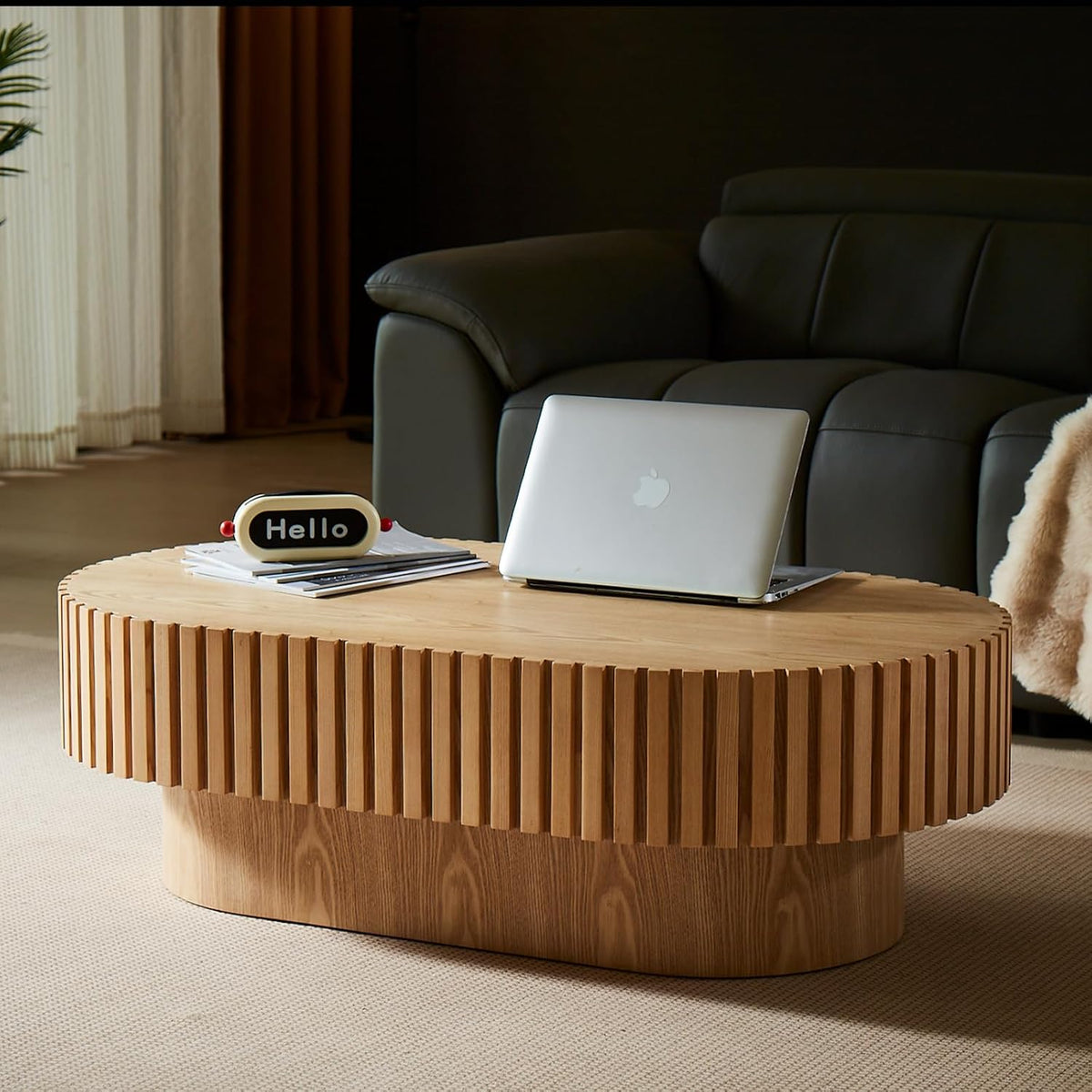 43.7" Oval Coffee Table for Living Room,Modern Handcraft Drum Coffee TableSmall Wooden Coffee Table