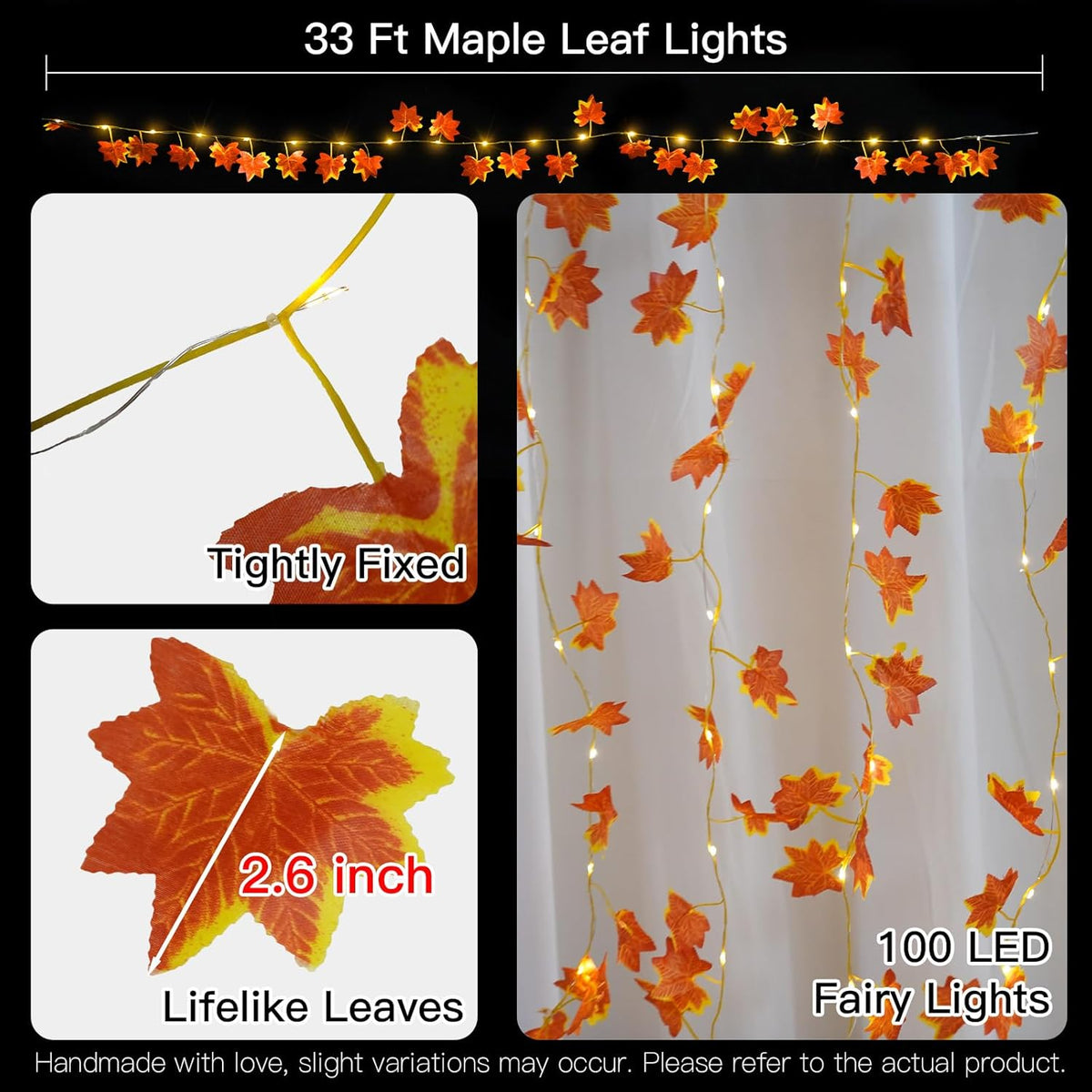 suddus Vine with Fairy Lights Battery Operated, 33ft 100 LED Maple Leaf String Lights with Remote