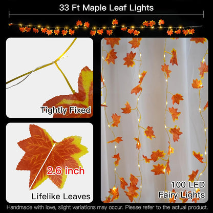 suddus Vine with Fairy Lights Battery Operated, 33ft 100 LED Maple Leaf String Lights with Remote
