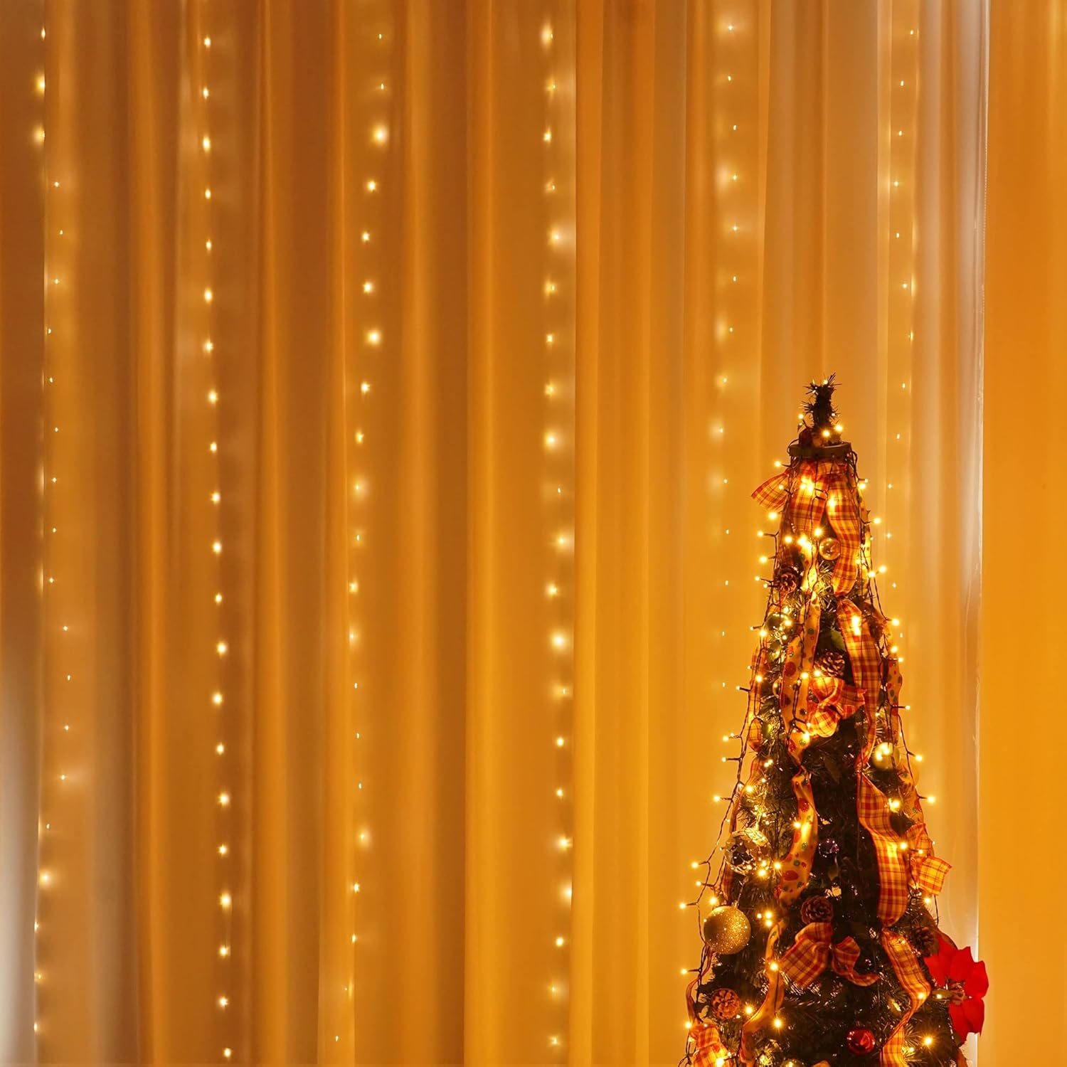 Dazzle Bright Curtain String Lights, 300 LED 9.8ft x9.8ft Warm White Fairy Lights with 8 Lighting