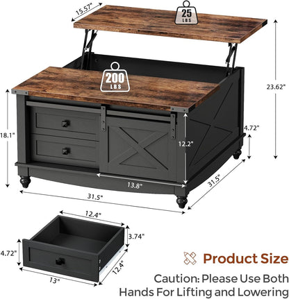 31.5" Lift Top Coffee Table with Storage, Farmhouse Coffee Tables for Living Room, Square Coffee