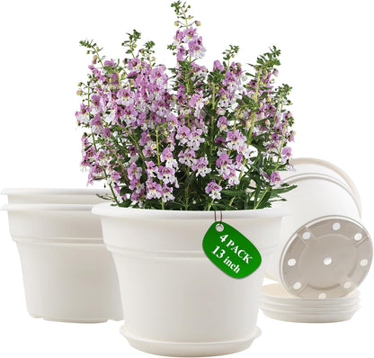 13 Inch Plastic-Flower-Pot-for-Indoor-Plants, 4 Pack Large Outdoor Planter Pot with Drainage Holes
