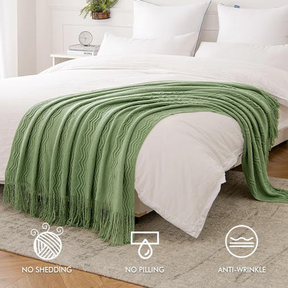 MIULEE Sage Green Knitted Throw Blanket for Couch Textured Spring Knit Blanket with Tassels Cozy