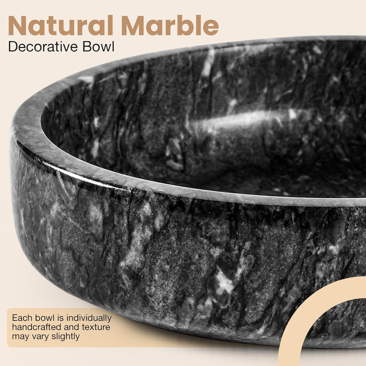 Marble Decorative Bowl - 7.5" Natural Black Solid Marble Centerpiece - Handmade Stone Fruit Bowl