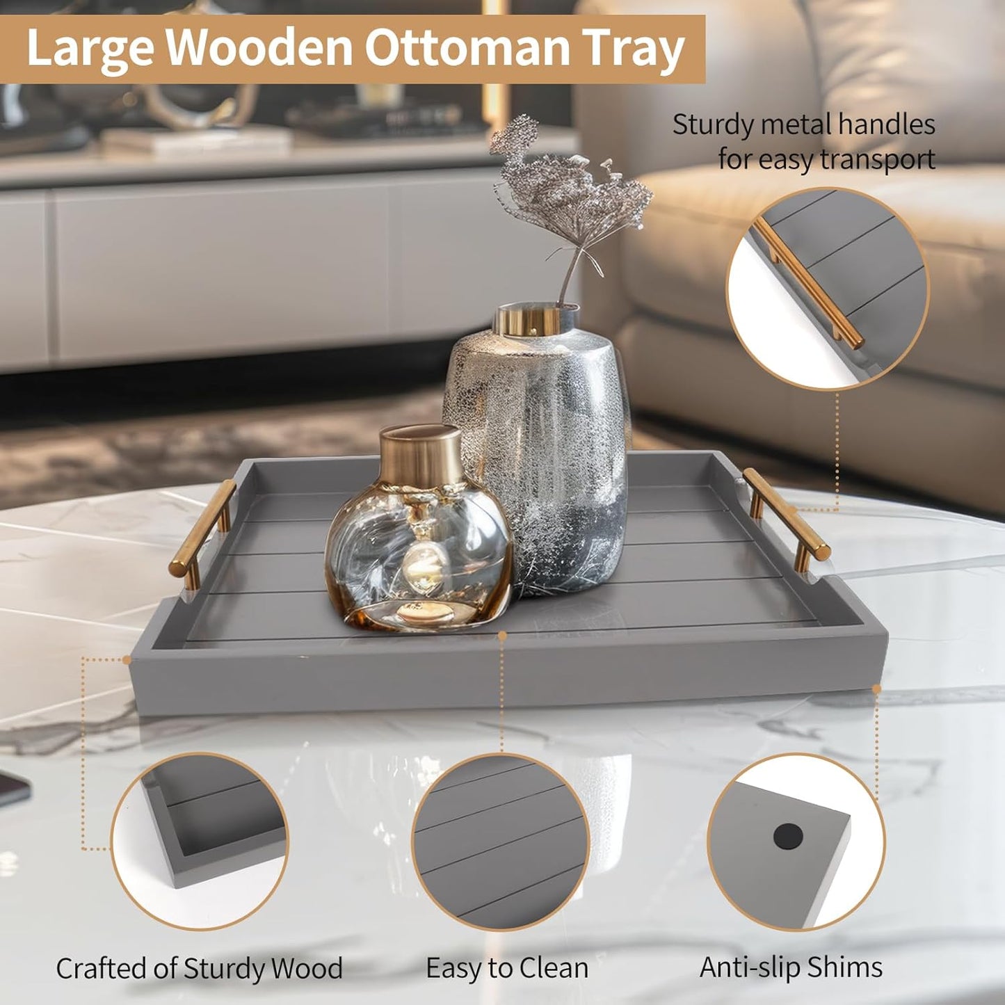 Coffee Table Tray - Large Ottoman Trays for Living Rooms - Wood Serving Tray with Handles(2 Sets)