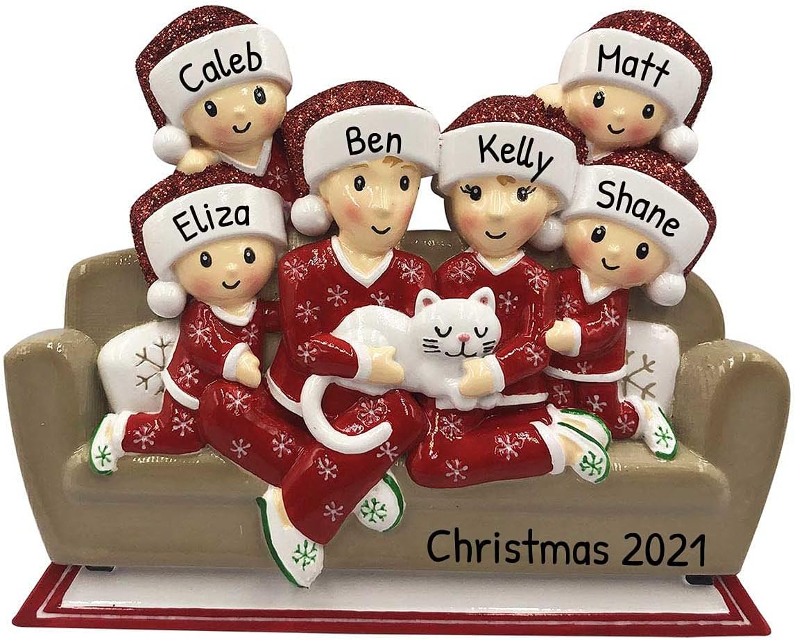 3D Matching Pajama Family of 6 with Cat Ornament 2025 Personalized Family Christmas Ornaments 2025
