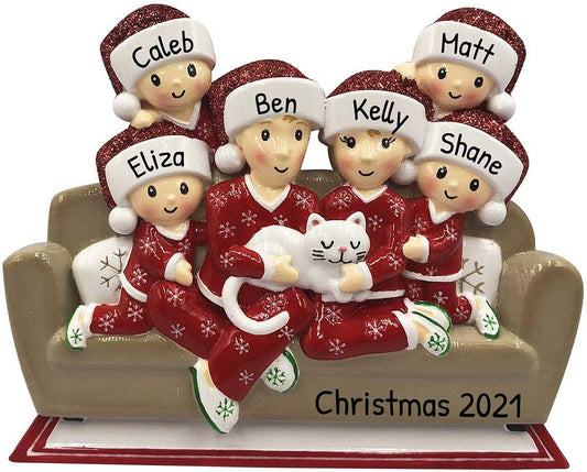 3D Matching Pajama Family of 6 with Cat Ornament 2025 Personalized Family Christmas Ornaments 2025