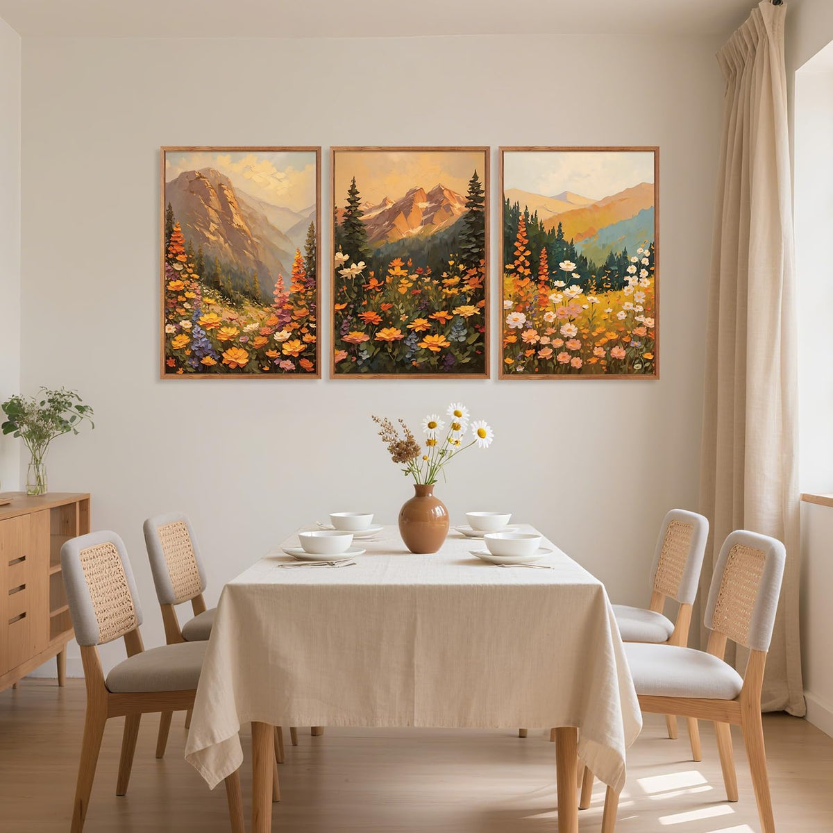 Aurlan Boho Mountain Sunset Landscape Framed Wall Art(16"x24"), 3PCS Large Wildflowers Meadow