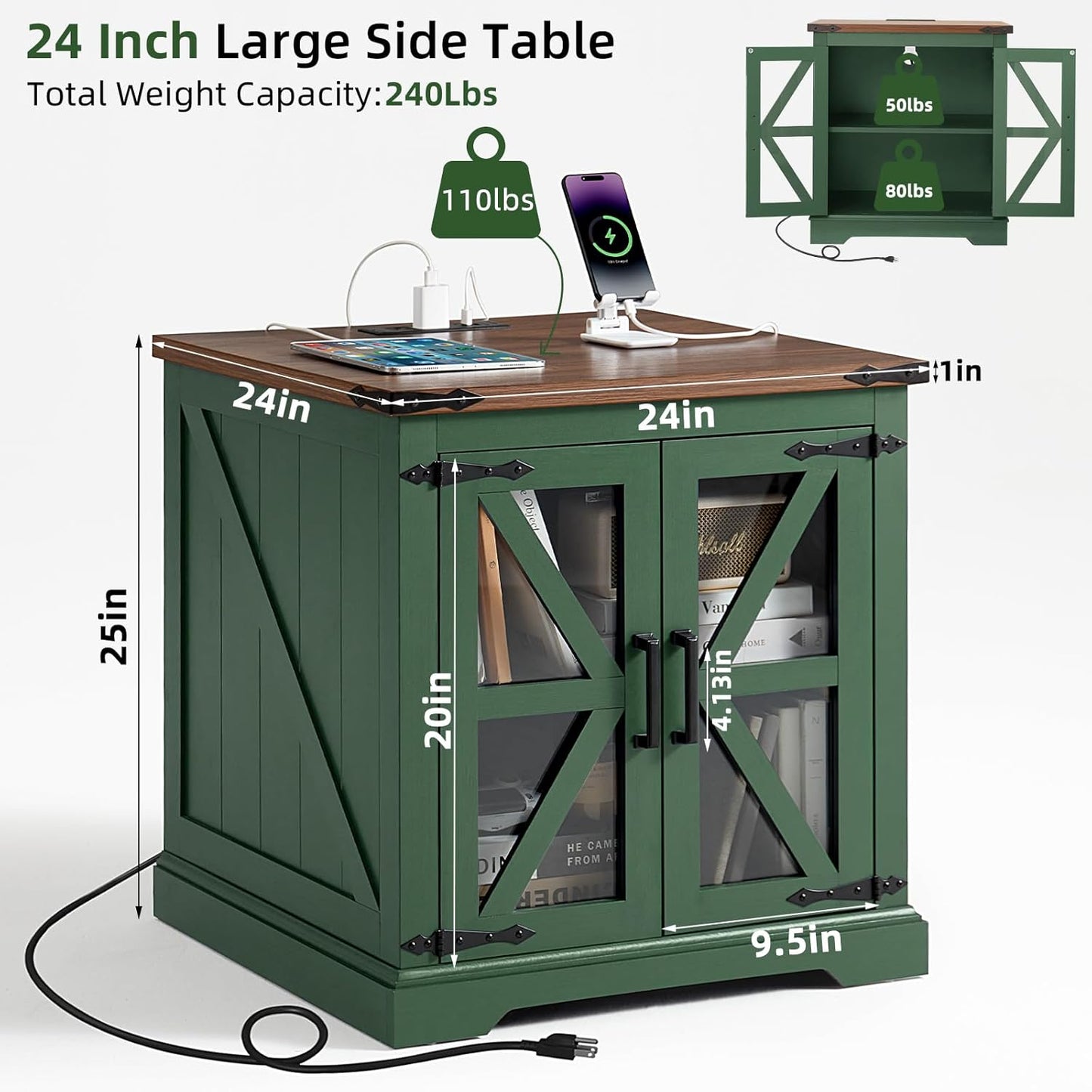 24" End Table Set of 2 with Charging Station, Farmhouse Night Stand with Glass Barn Door