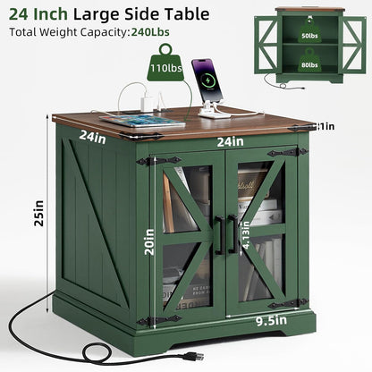 24" End Table Set of 2 with Charging Station, Farmhouse Night Stand with Glass Barn Door