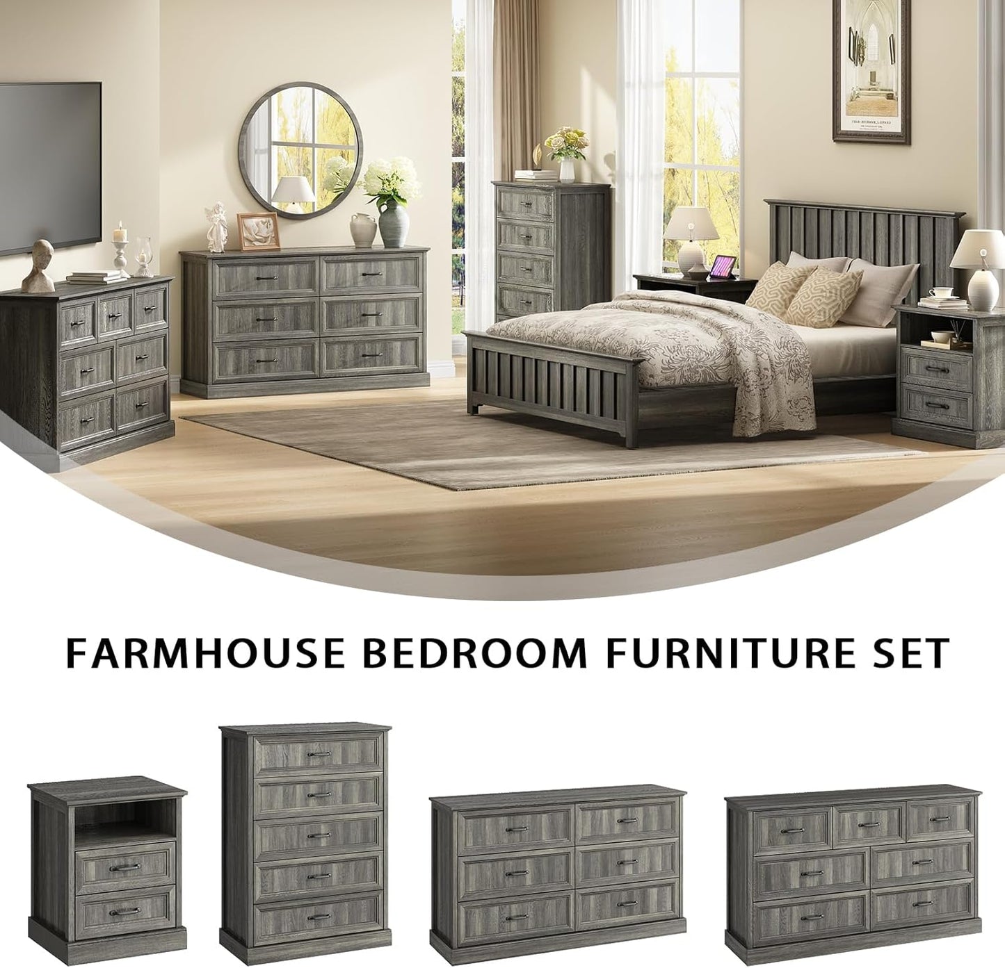 Farmhouse 6 Drawer Dresser for Bedroom, 55 Inch Wide Modern Grey Dresser TV Stand with Large
