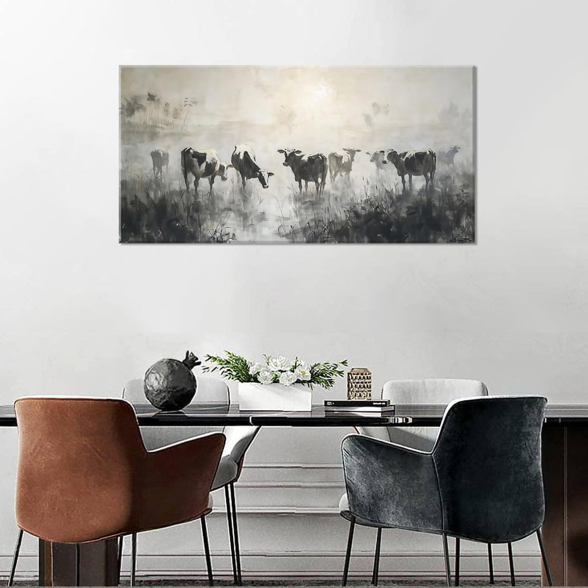 LASMOND Black and White Cow Wall Art for Living Room Ink Wash Canvas Painting Prints Morning Cattle
