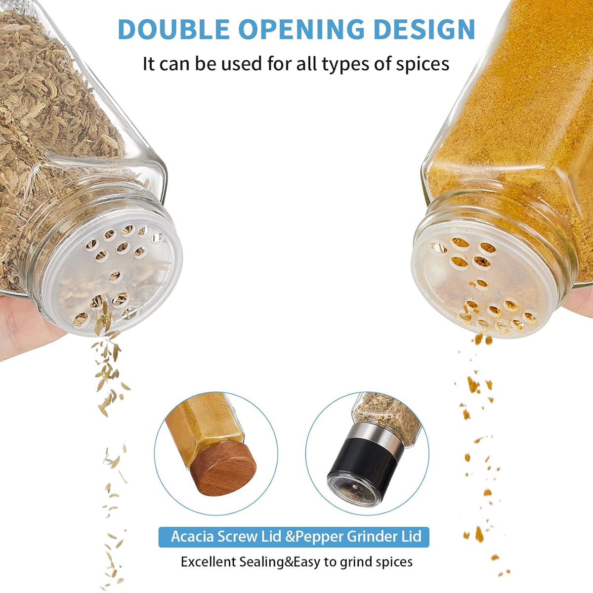 Yangbaga 34Pcs Glass Spice Jars with Labels-4oz Acacia Wood Lid Square Spice Containers with Pepper