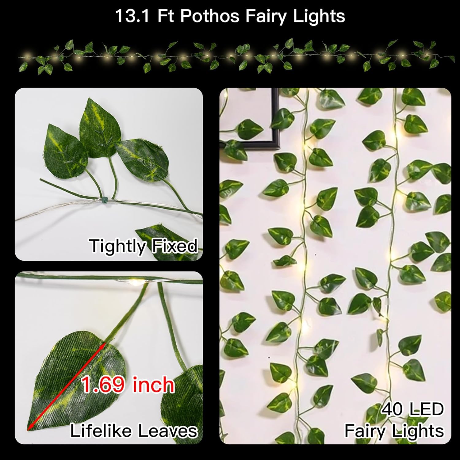 suddus Vine with Fairy Lights Battery Operated, 13.1ft 40 LED Pothos String Lights with Remote