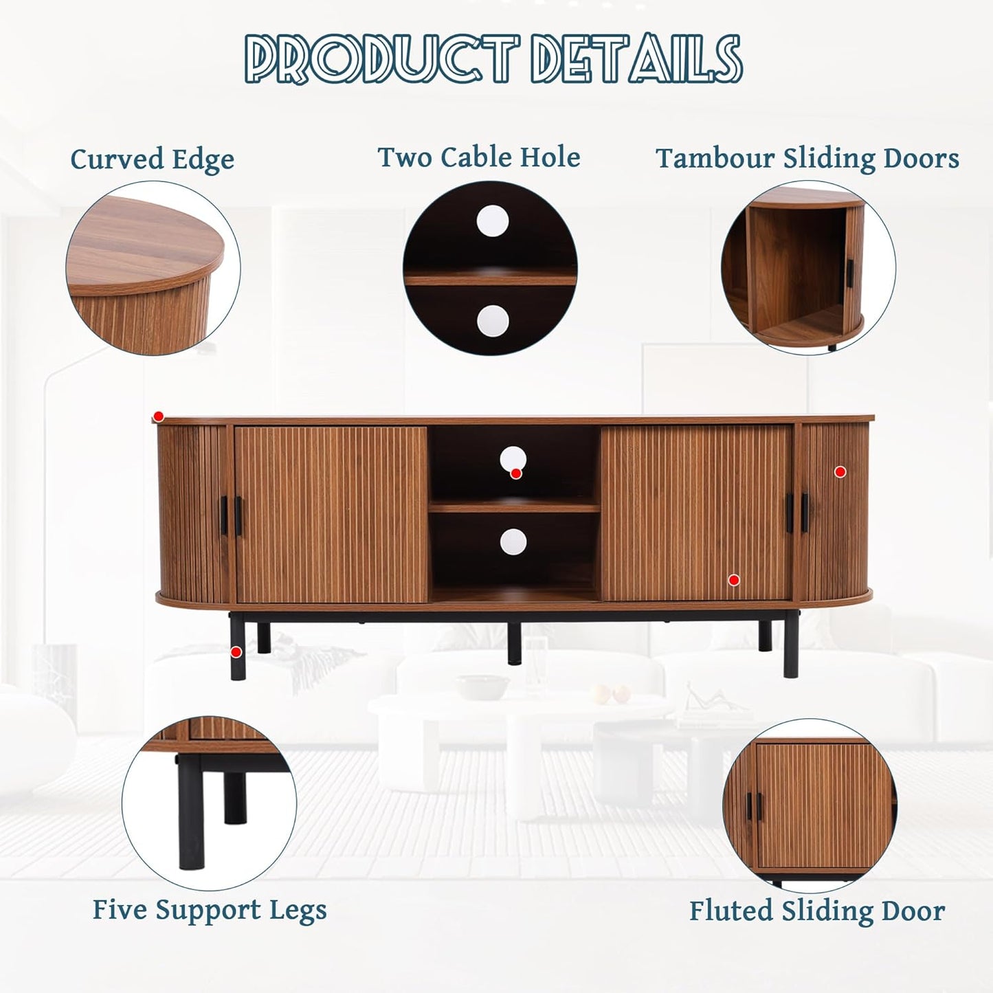 62" Tambour Door TV Stand,Wood Mid Century Modern TV Cabinet for Up to 70“ TV,Curved Edge Long TV