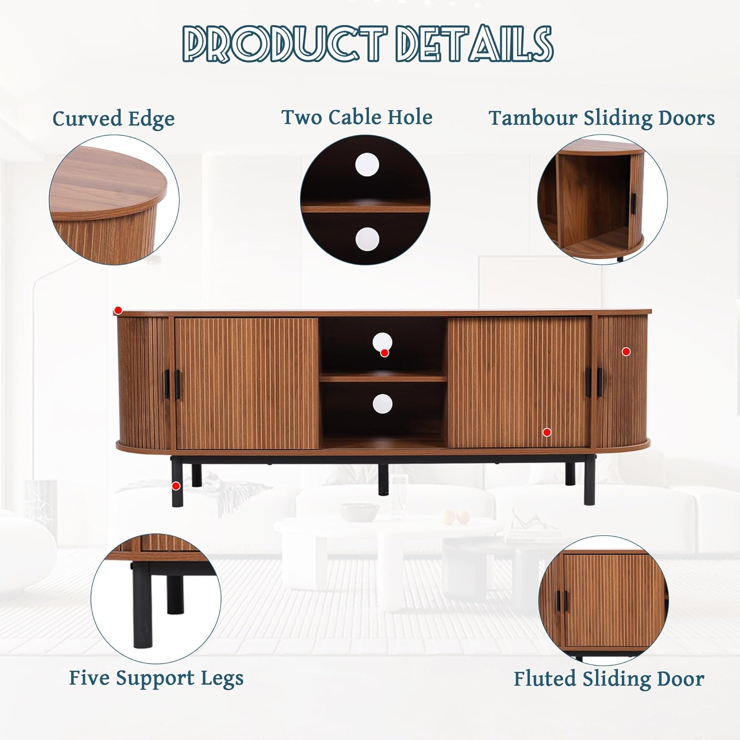 62" Tambour Door TV Stand,Wood Mid Century Modern TV Cabinet for Up to 70“ TV,Curved Edge Long TV