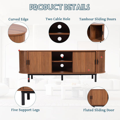 62" Tambour Door TV Stand,Wood Mid Century Modern TV Cabinet for Up to 70“ TV,Curved Edge Long TV