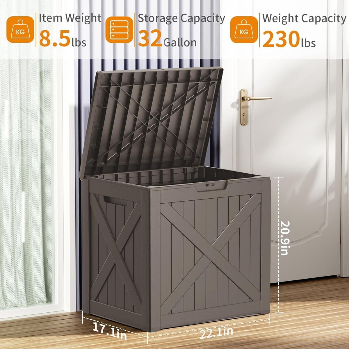 Vixzen 32 Gallon Outdoor Deck Box,Lockable Resin Waterproof Storage Box,UV Resistant,Weather