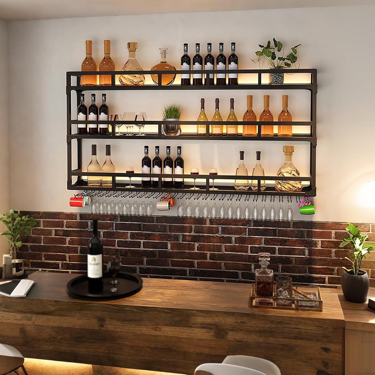 Modern Wine Rack Wall Mounted With Glass Holder,3-Tier Bar Liquor Shelf,Black,Metal Large Capacity