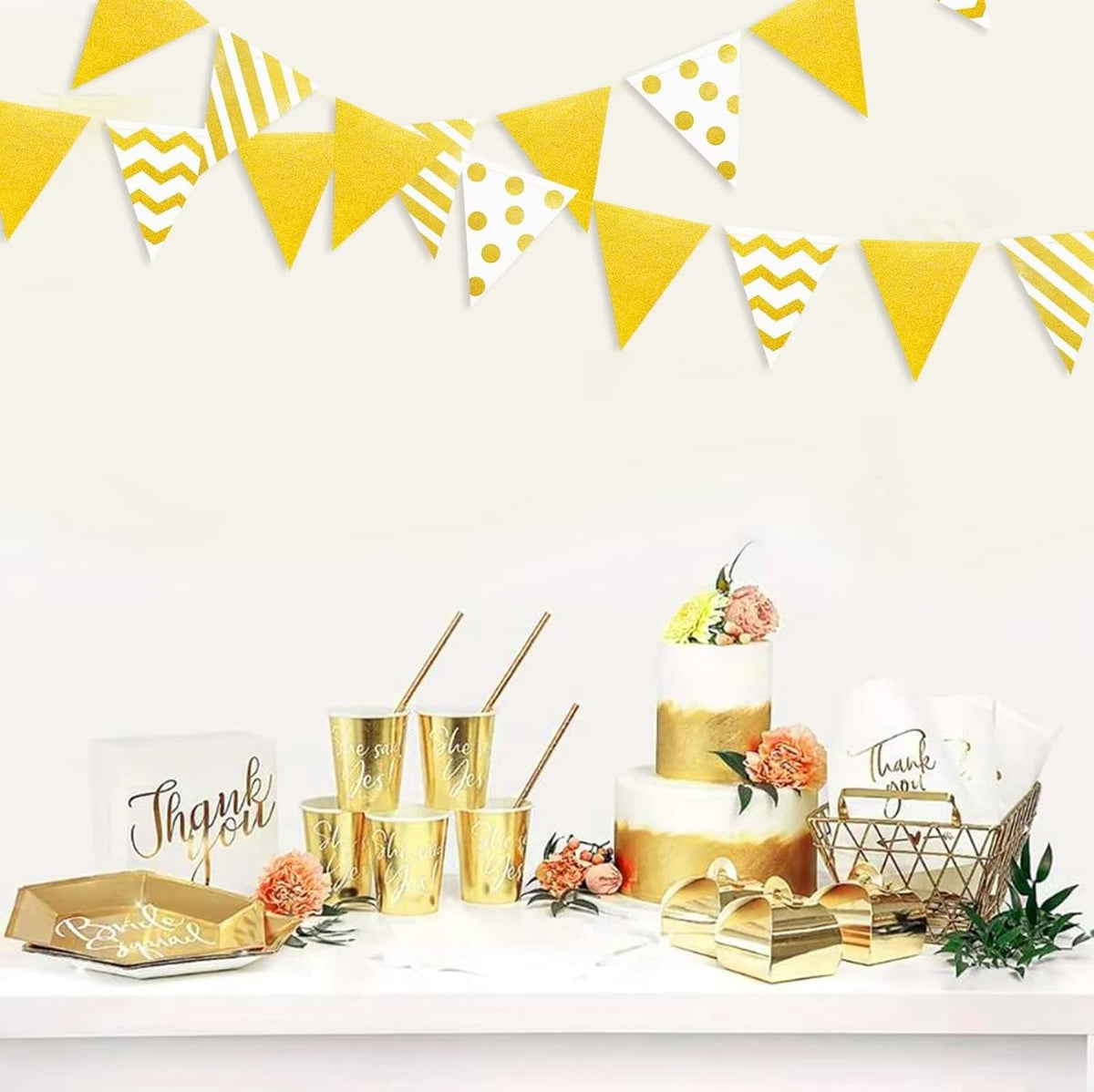 39Ft White and Gold Party Decorations Polka Dot Stripe Triangle Pennant Banner Glitter Foil Paper