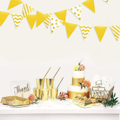 39Ft White and Gold Party Decorations Polka Dot Stripe Triangle Pennant Banner Glitter Foil Paper